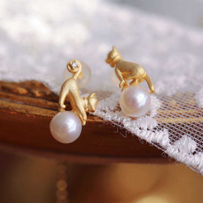 Pearl and Cat Asymmetrical Freshwater Pearl Stud Earrings