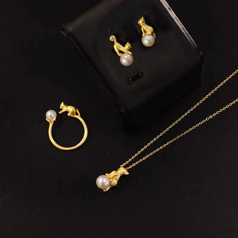 Pearl and Cat Asymmetrical Freshwater Pearl Stud Earrings