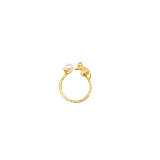 Pearl and Cat 18K Gold Plated Open Ring