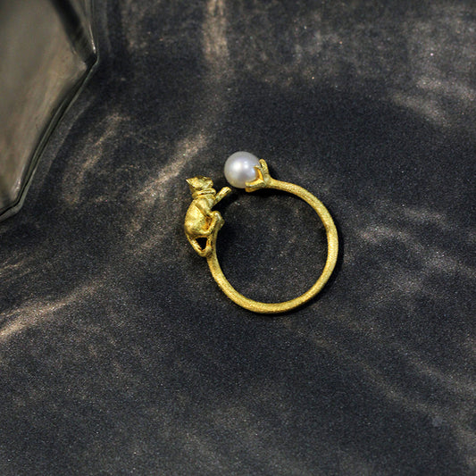 Pearl and Cat 18K Gold Plated Open Ring